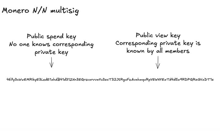 The public spend key has no known private key, while the matching private view key is known by all members. The wallet address contains both keys.